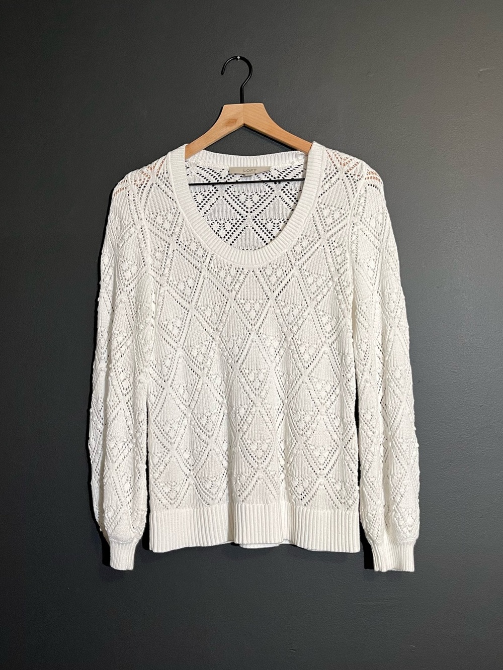 LOFT Open Knit Scoop Neck Sweater Textured Ivory Pullover - Size S